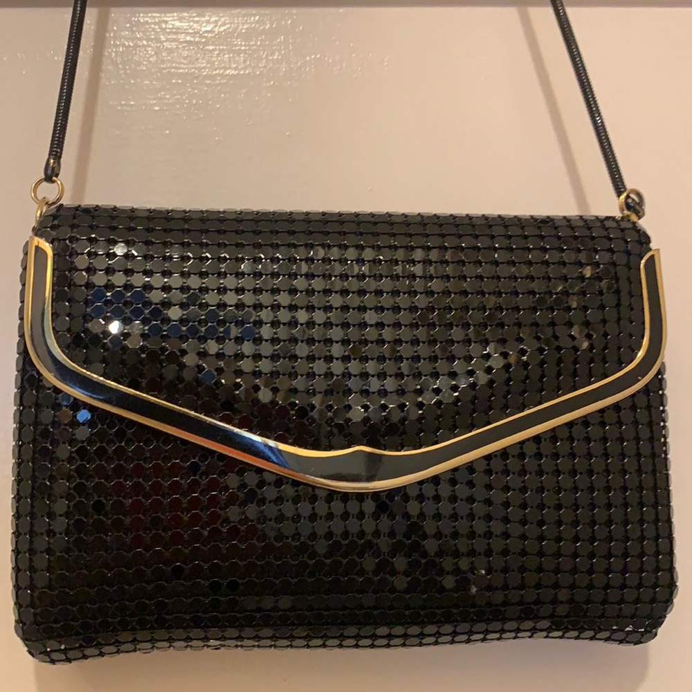 VINTAGE EVENING BLACK METAL MESH SEQUIN PURSE ENVELOPE CHAIN STRAP BAG UK PATENT
